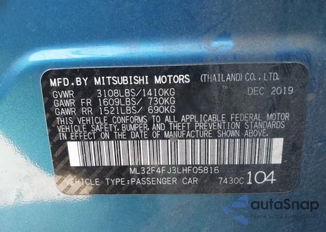 2020 Mitsubishi Mirage G4 Le from USA, damaged, VIN ML32F4FJ3LHF05816